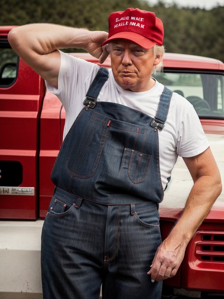 00490-3989512086-Trump768 , dressed as a redneck hillbilly, red baseball cap, jeans suspender, pickup, photography, ultra-sharpness, highest qual.jpg